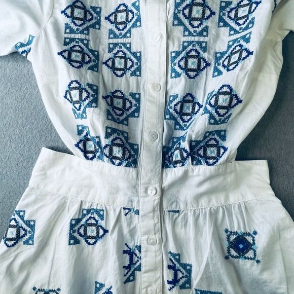 River Island Embroidered Mini Shirt Dress Size 8 Open Back Collard Button Up - Picture 14 of 16